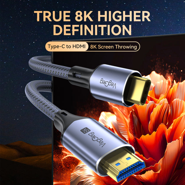 VegGieg 8K USB-C (Type-C) to HDMI Cable 2M | 8K@60Hz Ultra HD | HDR | Nylon Braided | Plug & Play | Gold Plated