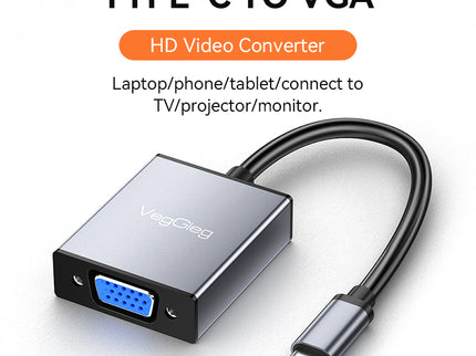 VegGieg Type-C to VGA Adapter | 1080P @ 60Hz | USB-C to VGA Converter for Laptop, MacBook, iPad, Android Phone | Plug & Play | Aluminum Alloy