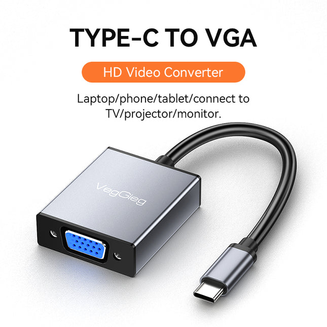 VegGieg Type-C to VGA Adapter | 1080P @ 60Hz | USB-C to VGA Converter for Laptop, MacBook, iPad, Android Phone | Plug & Play | Aluminum Alloy