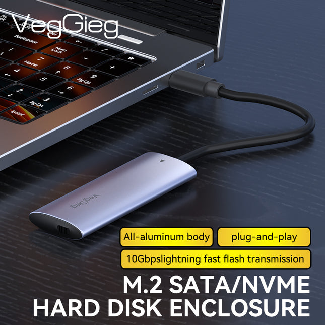 VegGieg M.2 NVMe SSD Enclosure | USB 3.2 Gen 2 | 10Gbps Tool-Free Aluminum Case for M-Key & B+M Key NVMe SSDs (2230/2242/2260/2280)