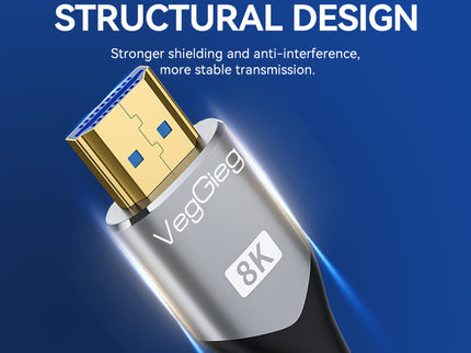 VegGieg V-H402 HDMI 2.1 Ultra High-Speed Cable | 8K@60Hz | 4K@120Hz | 48Gbps | VRR, QFT, ALLM | Gold-Plated | Durable & Reliable (1.5m, 3m, 5m)