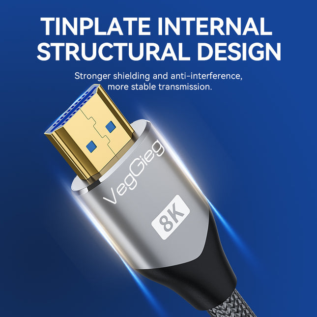 VegGieg V-H402 HDMI 2.1 Ultra High-Speed Cable | 8K@60Hz | 4K@120Hz | 48Gbps | VRR, QFT, ALLM | Gold-Plated | Durable & Reliable (1.5m, 3m, 5m)