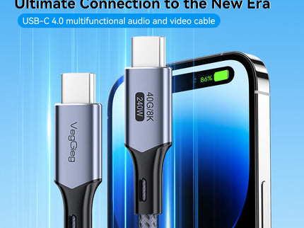 VegGieg V-U410 USB4 Type-C Cable | 250W PD Fast Charging | 8K@60Hz Display | 40Gbps Data Transfer | 2m Braided Durable Cable