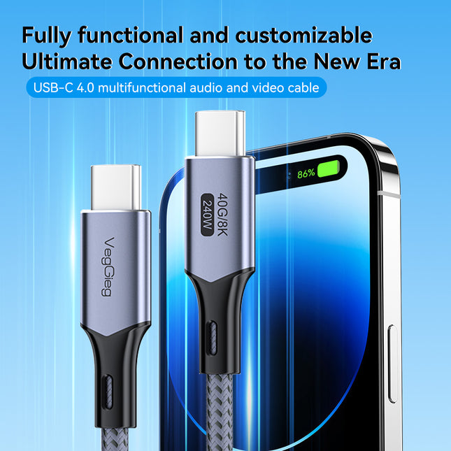 VegGieg V-U410 USB4 Type-C Cable | 250W PD Fast Charging | 8K@60Hz Display | 40Gbps Data Transfer | 2m Braided Durable Cable