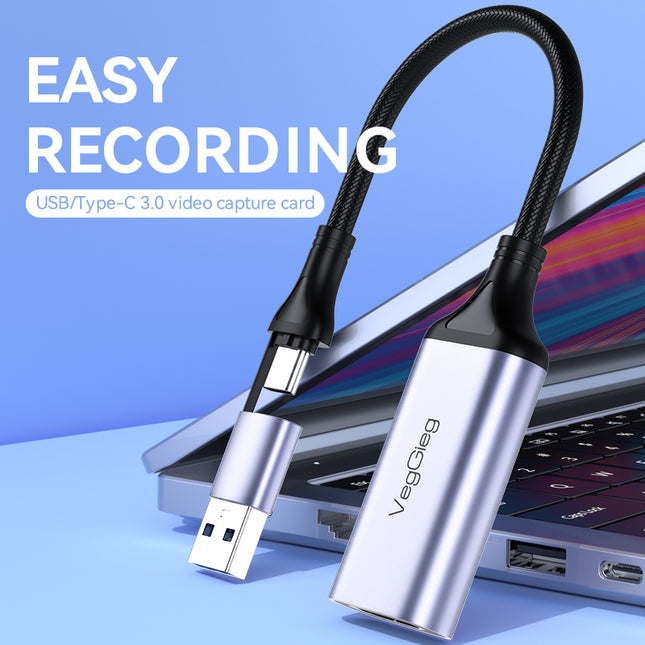 VegGieg USB/Type-C Video Capture Card | 4K Input, 1080P Recording | HDMI Game Capture for PS4/PS5/Switch | Live Streaming Compatible with OBS & More