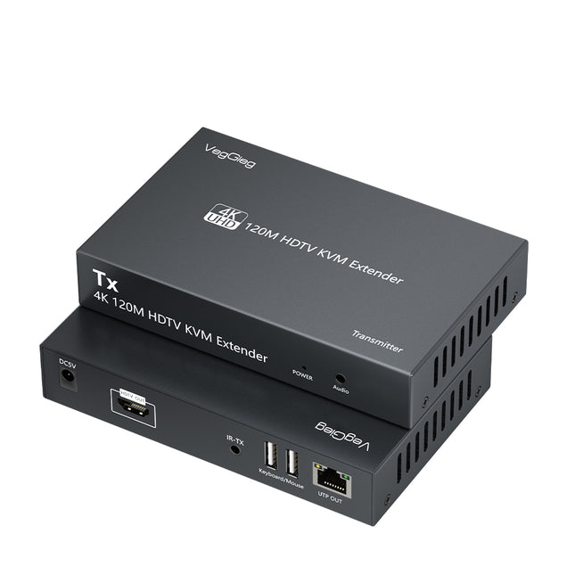 VegGieg V-HD011 HDMI KVM Extender over CAT6 | 120M | 4K@30Hz UHD | IR & Stereo Audio Support | USB Keyboard & Mouse Extension | Plug & Play