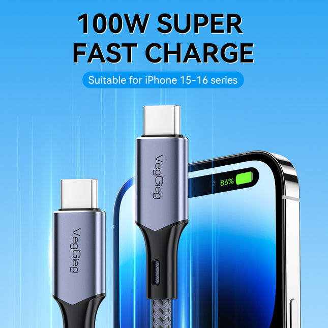 VegGieg USB-C to USB-C 100W PD Fast Charging Cable | 1.2m Braided | 5A E-Marker Chip | 480Mbps Data Transfer | CarPlay & Android Auto Compatible