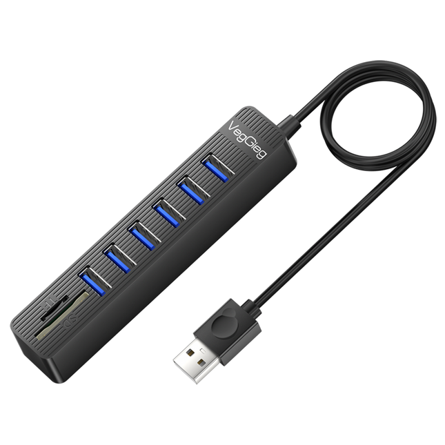 VegGieg 6-Port USB 2.0 Hub with SD/TF Card Reader | 1m Cable | High-Speed Data Transfer | Compact & Durable