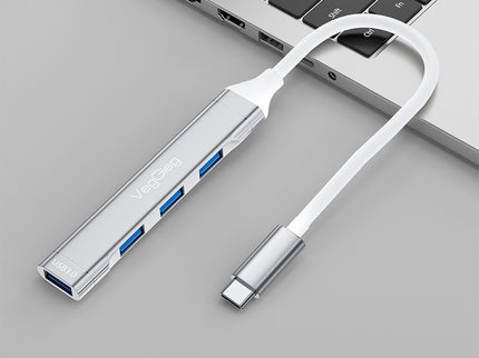VegGieg USB-C to 4-Port USB Hub | 1× USB 3.0 + 3× USB 2.0 | Silver Alloy Shell | 0.15m Braided Cable | Compact & Durable