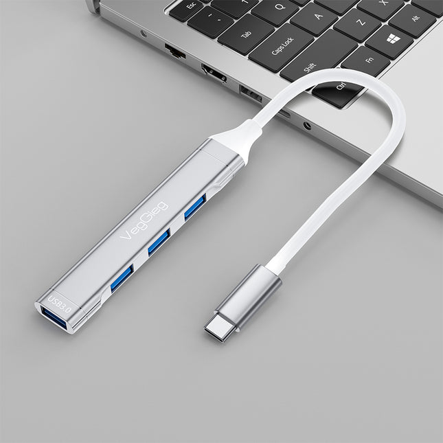 VegGieg USB-C to 4-Port USB Hub | 1× USB 3.0 + 3× USB 2.0 | Silver Alloy Shell | 0.15m Braided Cable | Compact & Durable