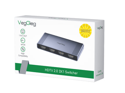 VegGieg 3-in-1 HDMI 2.0 Switch | 3 Port HDMI Switcher | Supports 4K@60Hz | IR Remote & Manual Switching