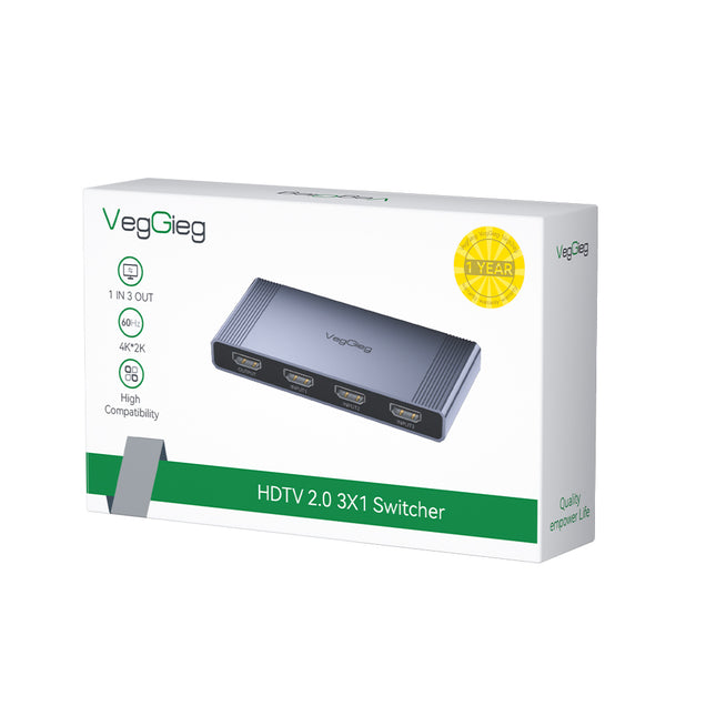 VegGieg 3-in-1 HDMI 2.0 Switch | 3 Port HDMI Switcher | Supports 4K@60Hz | IR Remote & Manual Switching