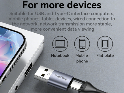VegGieg USB & Type-C to 2.5 Gigabit Ethernet LAN Adapter | 2-in-1 USB-A & USB-C | 2.5Gbps High-Speed Network Adapter | Plug & Play | Nylon Braided Cable