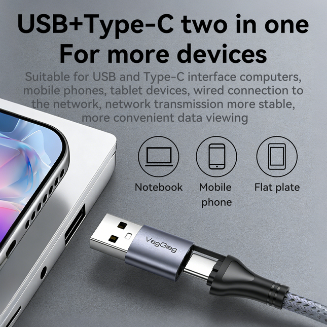 VegGieg USB & Type-C to 2.5 Gigabit Ethernet LAN Adapter | 2-in-1 USB-A & USB-C | 2.5Gbps High-Speed Network Adapter | Plug & Play | Nylon Braided Cable