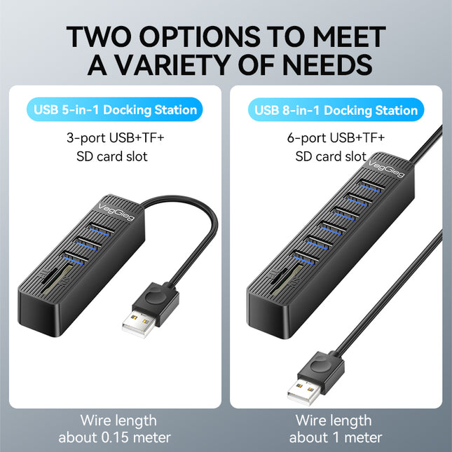 VegGieg 6-Port USB 2.0 Hub with SD/TF Card Reader | 1m Cable | High-Speed Data Transfer | Compact & Durable