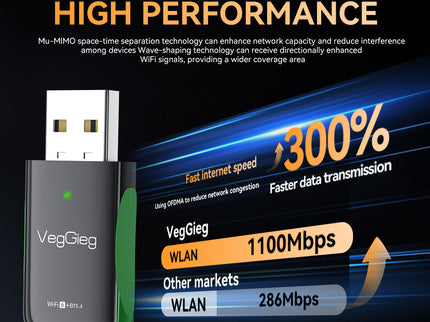 VegGieg AX1100 WiFi 6 + Bluetooth 5.4 USB Adapter | Dual Band Wireless Network Adapter with MU-MIMO & Secure Encryption