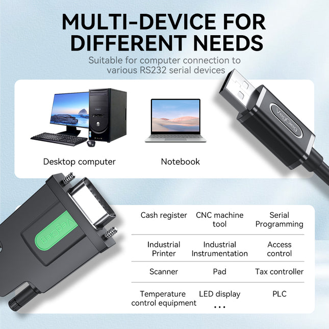 VegGieg V-U401 USB to Serial RS232 Adapter Cable | DB9 Male | FTDI Chipset | Plug & Play | 1.5m Length | Supports Windows, Linux, macOS