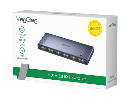 VegGieg 5-in-1 HDMI 2.0 Switch | 5 Port HDMI Switcher | Supports 4K@60Hz | IR Remote & Manual Switching