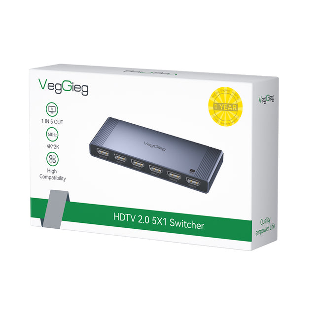 VegGieg 5-in-1 HDMI 2.0 Switch | 5 Port HDMI Switcher | Supports 4K@60Hz | IR Remote & Manual Switching