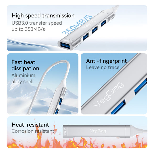 VegGieg USB 3.0 4-Port Hub | 1× USB 3.0 + 3× USB 2.0 | Silver Alloy Shell | 0.15m Cable | Compact & Durable