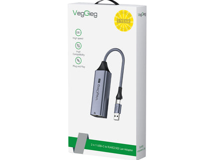 VegGieg USB & Type-C to 2.5 Gigabit Ethernet LAN Adapter | 2-in-1 USB-A & USB-C | 2.5Gbps High-Speed Network Adapter | Plug & Play | Nylon Braided Cable