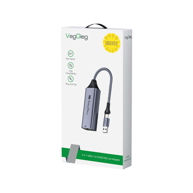 VegGieg USB & Type-C to 2.5 Gigabit Ethernet LAN Adapter | 2-in-1 USB-A & USB-C | 2.5Gbps High-Speed Network Adapter | Plug & Play | Nylon Braided Cable