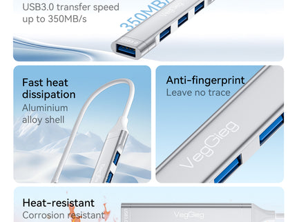 VegGieg USB-C to 4-Port USB Hub | 1× USB 3.0 + 3× USB 2.0 | Silver Alloy Shell | 0.15m Braided Cable | Compact & Durable