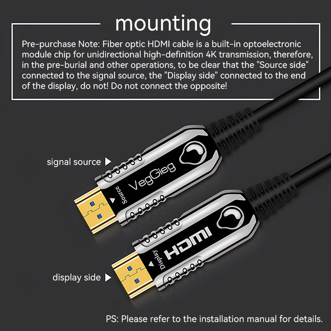VegGieg V-H707 HDMI Active Optical Cable | 4K@60Hz | HDR | ARC | EDID | Gold-Plated | Long-Distance Fiber Connection | Durable & Reliable (25m, 30m)