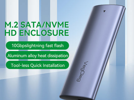 VegGieg M.2 NVMe SSD Enclosure | USB 3.2 Gen 2 | 10Gbps Tool-Free Aluminum Case for M-Key & B+M Key NVMe SSDs (2230/2242/2260/2280)