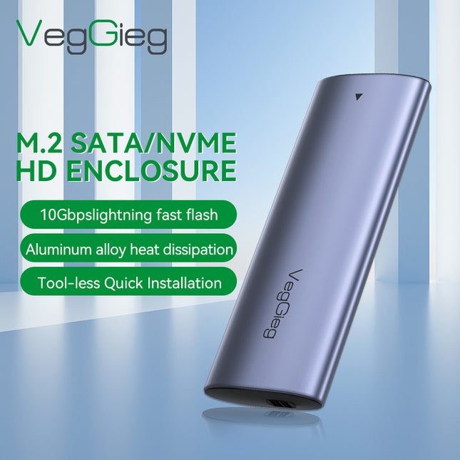 VegGieg M.2 NVMe SSD Enclosure | USB 3.2 Gen 2 | 10Gbps Tool-Free Aluminum Case for M-Key & B+M Key NVMe SSDs (2230/2242/2260/2280)