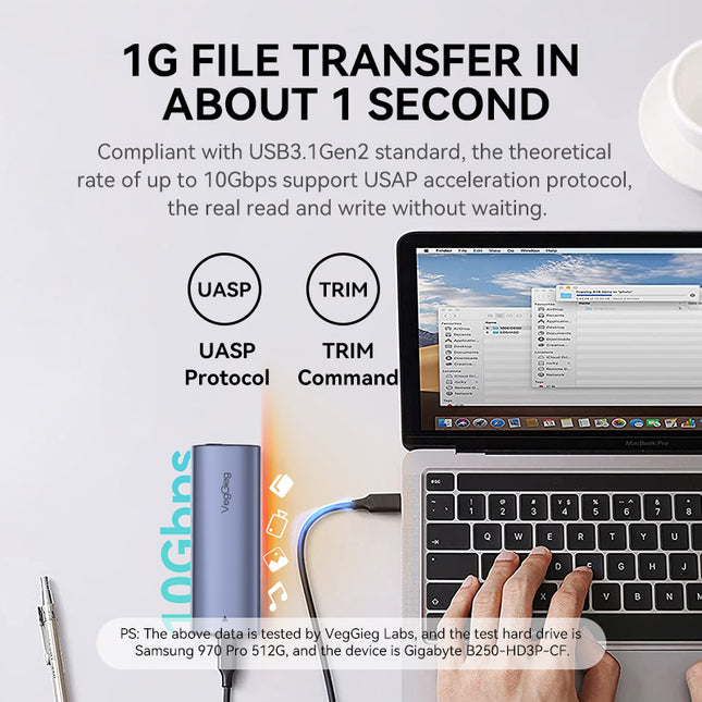 VegGieg M.2 NVMe SSD Enclosure | USB 3.2 Gen 2 | 10Gbps Tool-Free Aluminum Case for M-Key & B+M Key NVMe SSDs (2230/2242/2260/2280)