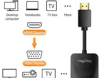 VegGieg HDMI to VGA Adapter | 1080P @ 60Hz | With or Without Audio | Video Converter for Monitor, Projector, TV