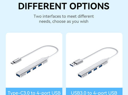 VegGieg USB-C to 4-Port USB Hub | 1× USB 3.0 + 3× USB 2.0 | Silver Alloy Shell | 0.15m Braided Cable | Compact & Durable