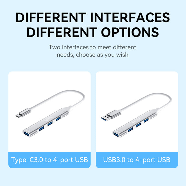 VegGieg USB-C to 4-Port USB Hub | 1× USB 3.0 + 3× USB 2.0 | Silver Alloy Shell | 0.15m Braided Cable | Compact & Durable