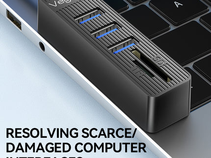 VegGieg 6-Port USB 2.0 Hub with SD/TF Card Reader | 1m Cable | High-Speed Data Transfer | Compact & Durable