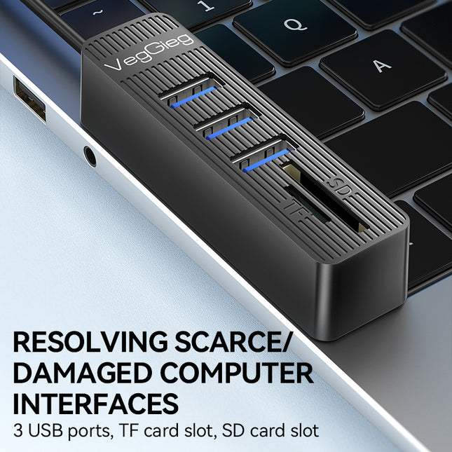 VegGieg 6-Port USB 2.0 Hub with SD/TF Card Reader | 1m Cable | High-Speed Data Transfer | Compact & Durable