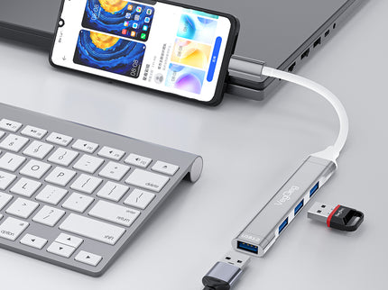 VegGieg USB-C to 4-Port USB Hub | 1× USB 3.0 + 3× USB 2.0 | Silver Alloy Shell | 0.15m Braided Cable | Compact & Durable