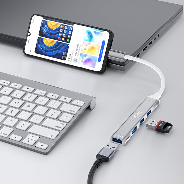 VegGieg USB-C to 4-Port USB Hub | 1× USB 3.0 + 3× USB 2.0 | Silver Alloy Shell | 0.15m Braided Cable | Compact & Durable