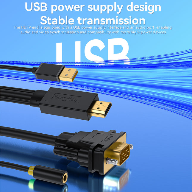 VegGieg HDMI to VGA Cable with Audio & USB Power | 1080P @ 60Hz | HDTV to VGA Converter Cable for Monitor, Projector, TV | 1.5M | Plug & Play