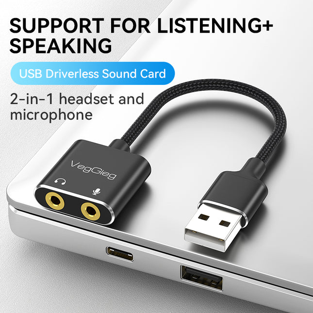 VegGieg USB Sound Card Adapter | External Audio Interface | 3.5mm Jack & Mic Ports | Plug & Play