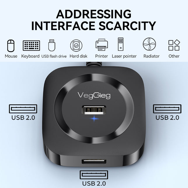 VegGieg 4-Port USB Hub | USB 2.0 & USB 3.0 Options | 1m Cable | External Power Support | High-Speed Data Transfer