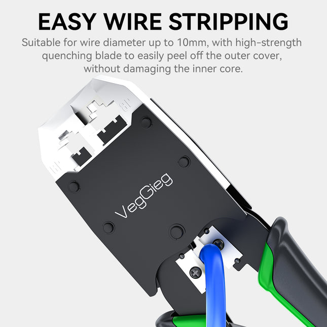 VegGieg V-E106 Professional Crimping Tool | RJ45 / RJ12 / RJ11 Modular Plug Crimper | Cable Stripper & Cutter | Durable Steel Build