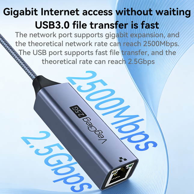 VegGieg USB & Type-C to 2.5 Gigabit Ethernet LAN Adapter | 2-in-1 USB-A & USB-C | 2.5Gbps High-Speed Network Adapter | Plug & Play | Nylon Braided Cable