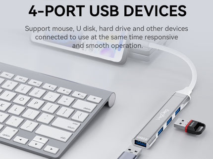 VegGieg USB-C to 4-Port USB Hub | 1× USB 3.0 + 3× USB 2.0 | Silver Alloy Shell | 0.15m Braided Cable | Compact & Durable