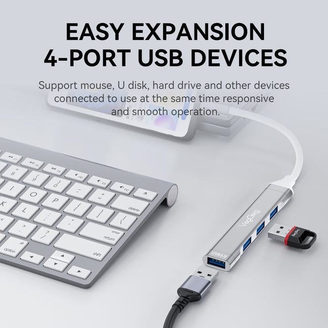 VegGieg USB-C to 4-Port USB Hub | 1× USB 3.0 + 3× USB 2.0 | Silver Alloy Shell | 0.15m Braided Cable | Compact & Durable