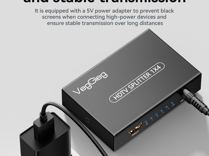 VegGieg 1x4 HDMI Splitter | 4K@30Hz Ultra HD Output | Multi-Screen HDMI Duplicator | Supports PS5, TV, Monitor, Projector, Fire Stick