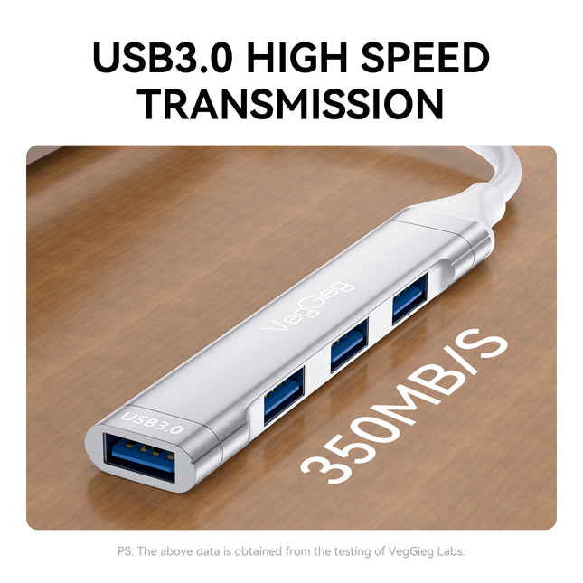 VegGieg USB 3.0 4-Port Hub | 1× USB 3.0 + 3× USB 2.0 | Silver Alloy Shell | 0.15m Cable | Compact & Durable