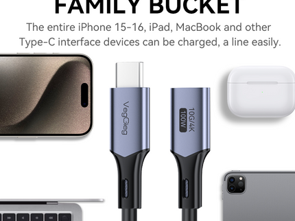 VegGieg USB Type-C Gen 2 Extension Cable | 100W PD Fast Charging | 10Gbps Data Transfer | 4K@60Hz Video | Smart E-Marker Chip | USB-C Male to Female | 1M / 2M