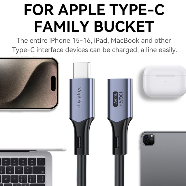 VegGieg USB Type-C Gen 2 Extension Cable | 100W PD Fast Charging | 10Gbps Data Transfer | 4K@60Hz Video | Smart E-Marker Chip | USB-C Male to Female | 1M / 2M