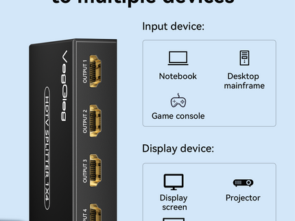 VegGieg 1x4 HDMI Splitter | 4K@30Hz Ultra HD Output | Multi-Screen HDMI Duplicator | Supports PS5, TV, Monitor, Projector, Fire Stick